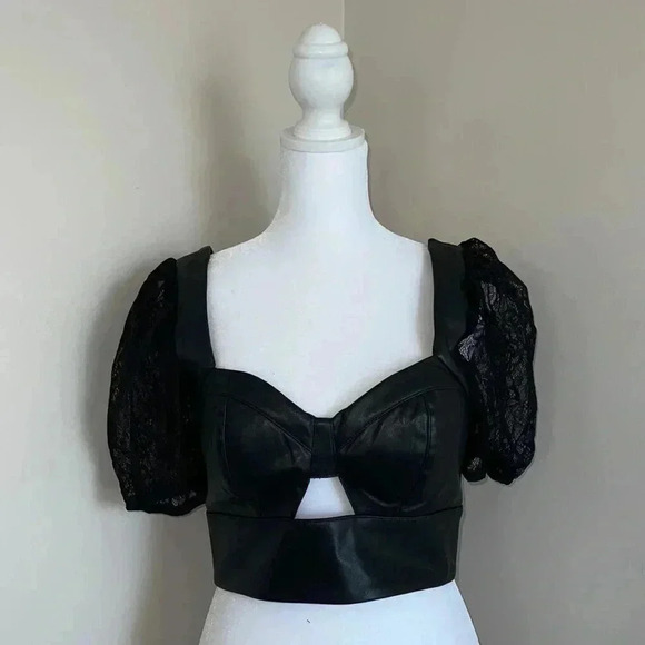 Haute Monde Tops - Haute Monde Faux Leather Lace Sleeve Crop Top​​